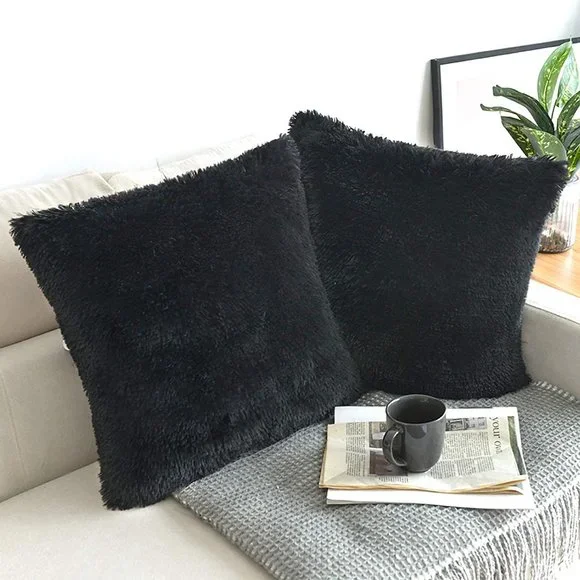Black Luxury Furry Farmhouse Adorable Trendy Bed Throw Pillow Decor Cover Set - Picture 3 of 6